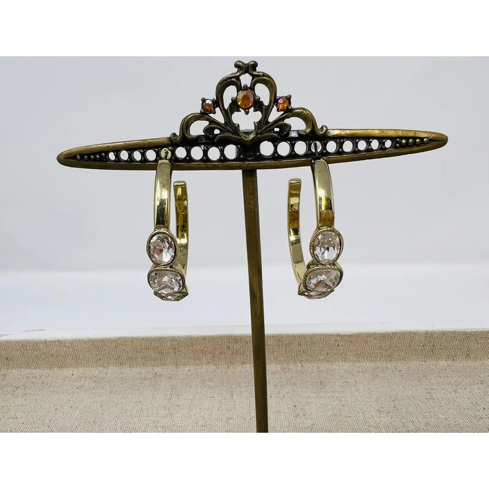 Heidi Daus Gold Tone Clear Crystal Triple Stone Hoop Earrings Pierced C-Hoops